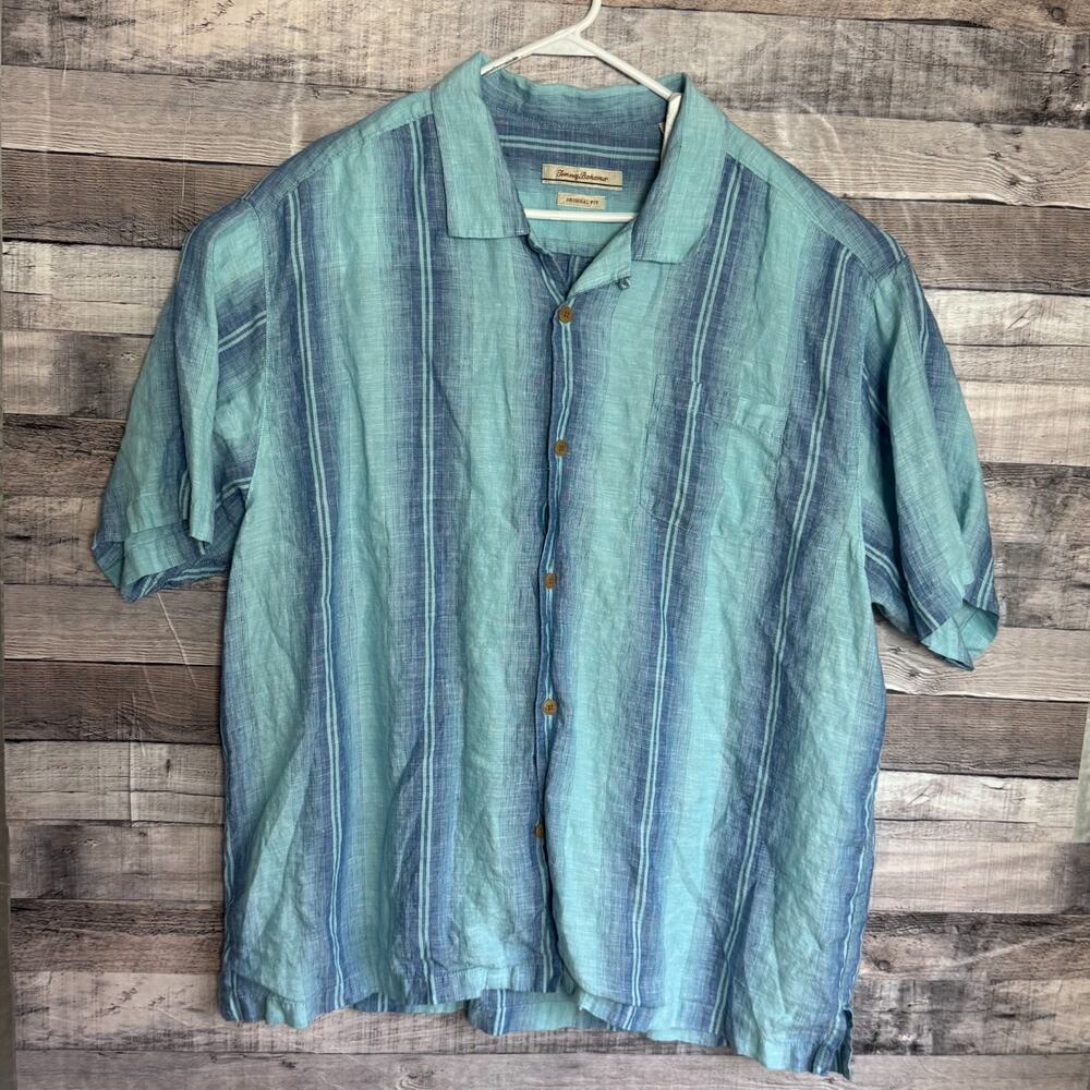 Tommy Bahama Camp Linen Shirt Mens 3XL Blue Striped Button Up Preppy Lightweight